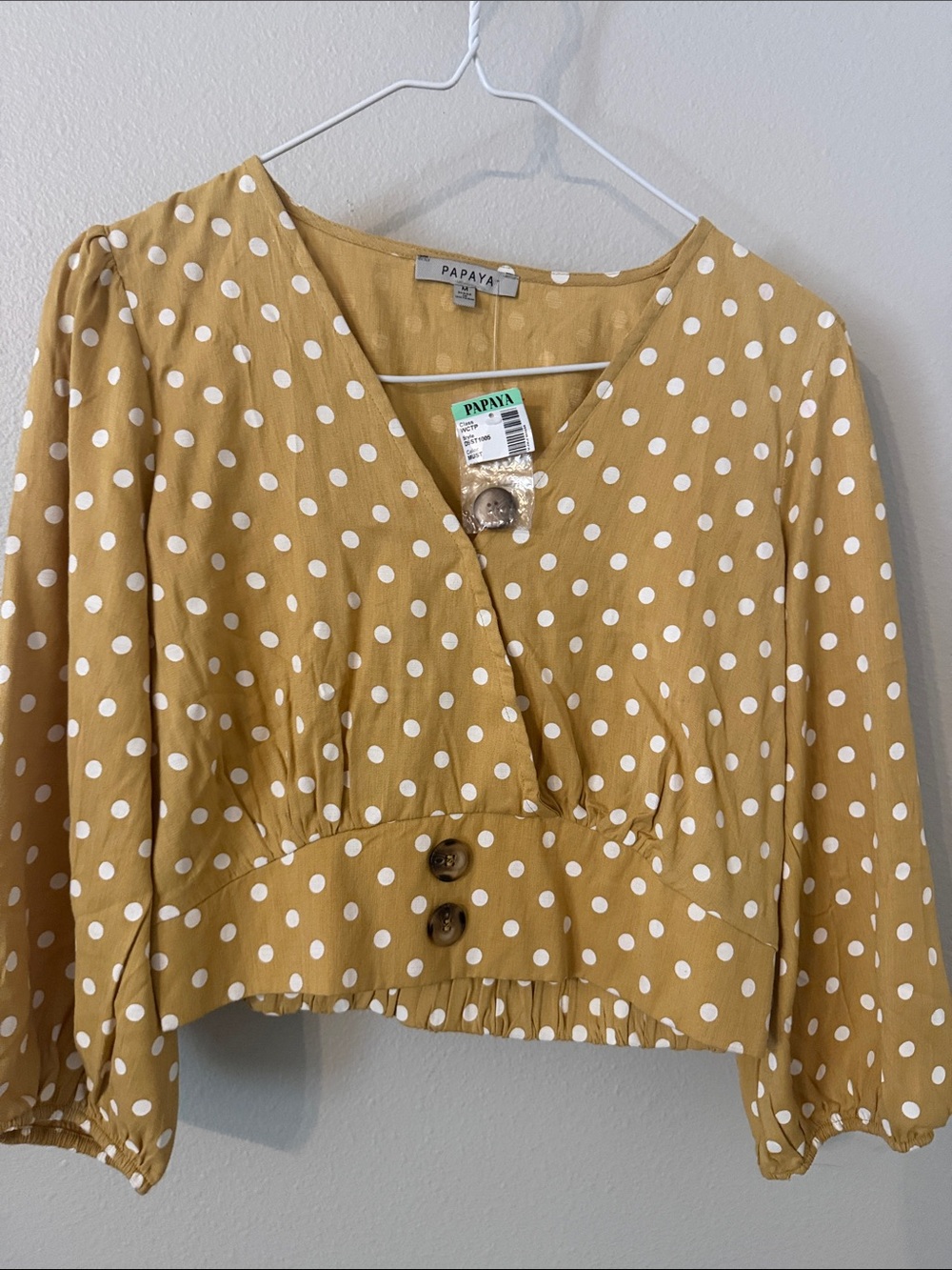 Papaya Mustard Polka Dot Cropped V-Neck Blouse
